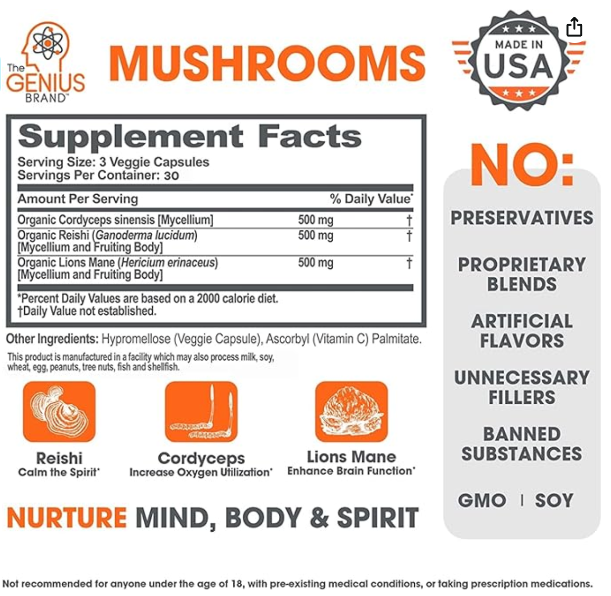 Genius Mushroom - Lions Mane, Cordyceps and Reishi - Immune System Booster & Nootropic Brain Supplement - 90 Veggie Pills