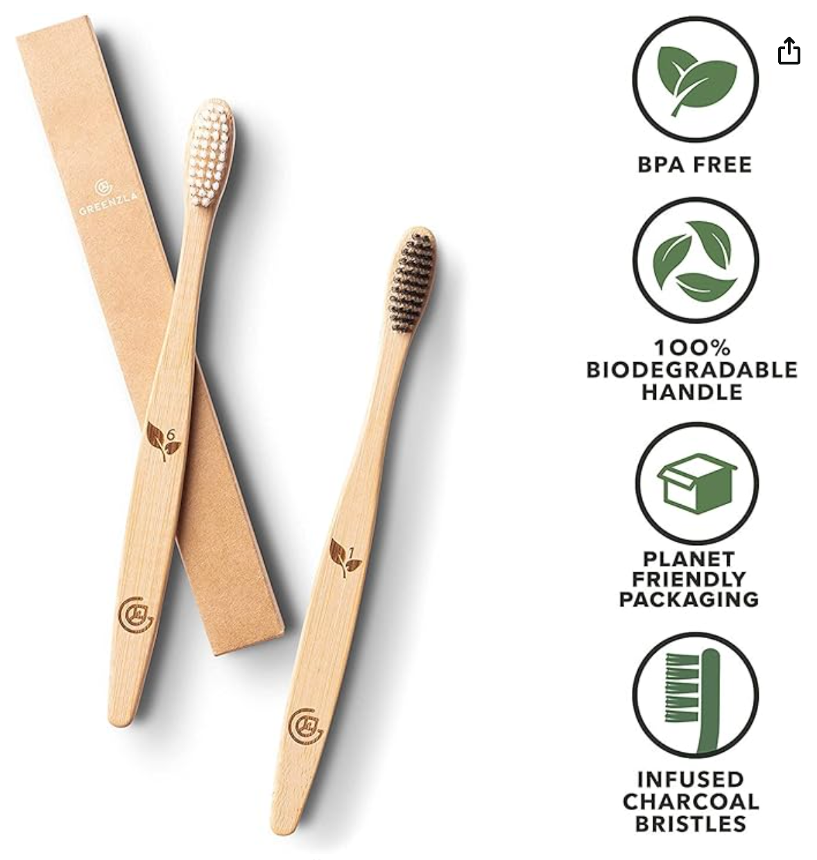 Greenzla Bamboo Toothbrushes (12 Pack) | BPA Free Soft Bristles Eco-Friendly, Natural Toothbrush Set Biodegradable & Compostable Charcoal Wooden