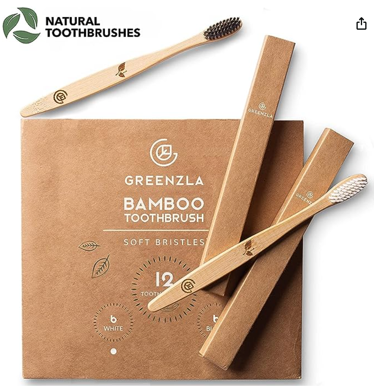 Greenzla Bamboo Toothbrushes (12 Pack) | BPA Free Soft Bristles Eco-Friendly, Natural Toothbrush Set Biodegradable & Compostable Charcoal Wooden