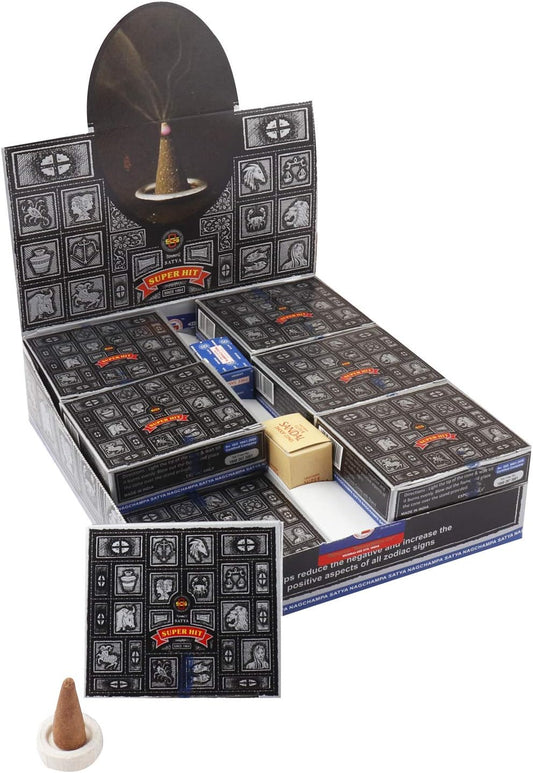 Satya Nag Champa Super Hit Temple Incense Cones Box | 12 Packs of 12 Cones each in a Box | Export Quality