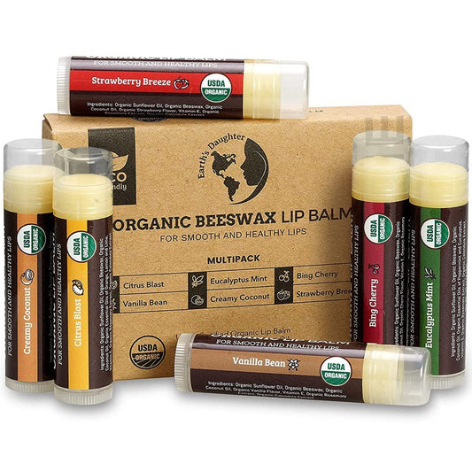 USDA Organic Lip Balm 6-Pack by Earth's Daughter - Fruit Flavors, Beeswax, Coconut Oil, Vitamin E - Best Lip Repair Chapstick for Dry Cracked Lips - Moisturizing Lip Care