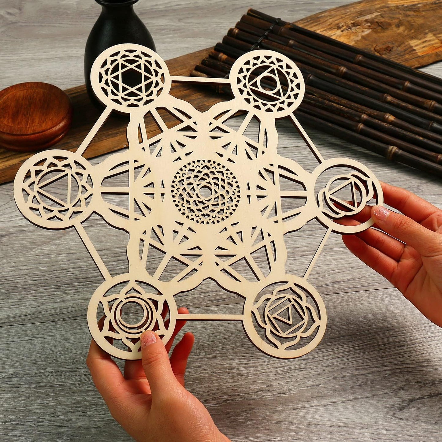 Simurg Metatron's Cube 7 Chakras Crystal Grid Board Metatrons Cube Wooden Wall Art Sacred Geometry Wall Hanging Seven Chakra Wall Deocr Home Decoration