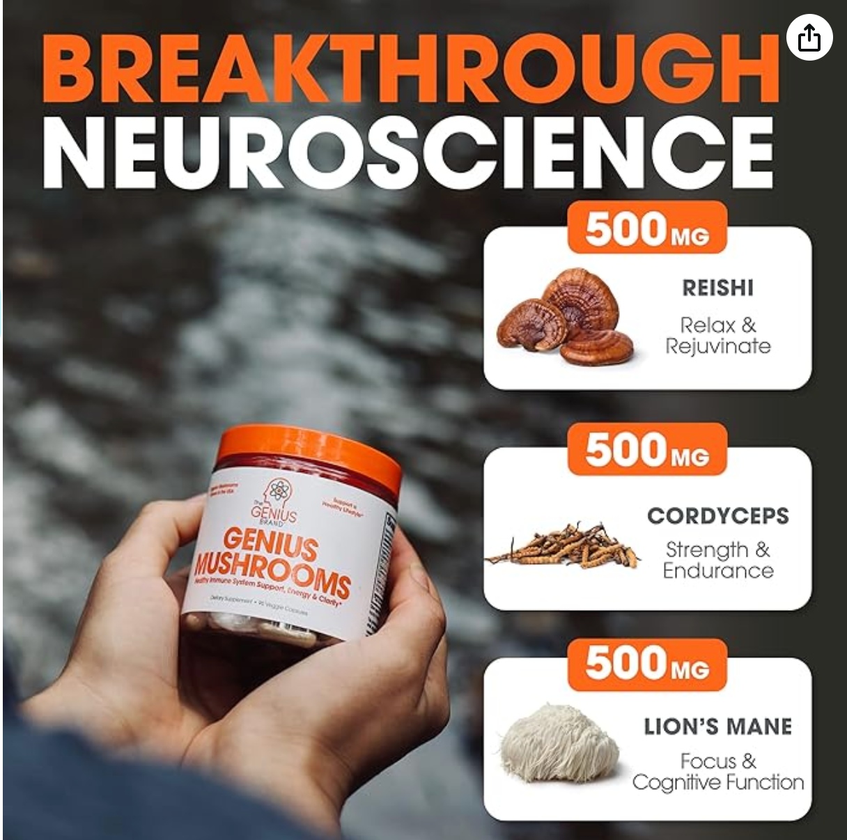 Genius Mushroom - Lions Mane, Cordyceps and Reishi - Immune System Booster & Nootropic Brain Supplement - 90 Veggie Pills