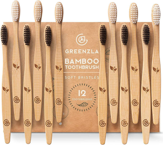 Greenzla Bamboo Toothbrushes (12 Pack) | BPA Free Soft Bristles Eco-Friendly, Natural Toothbrush Set Biodegradable & Compostable Charcoal Wooden