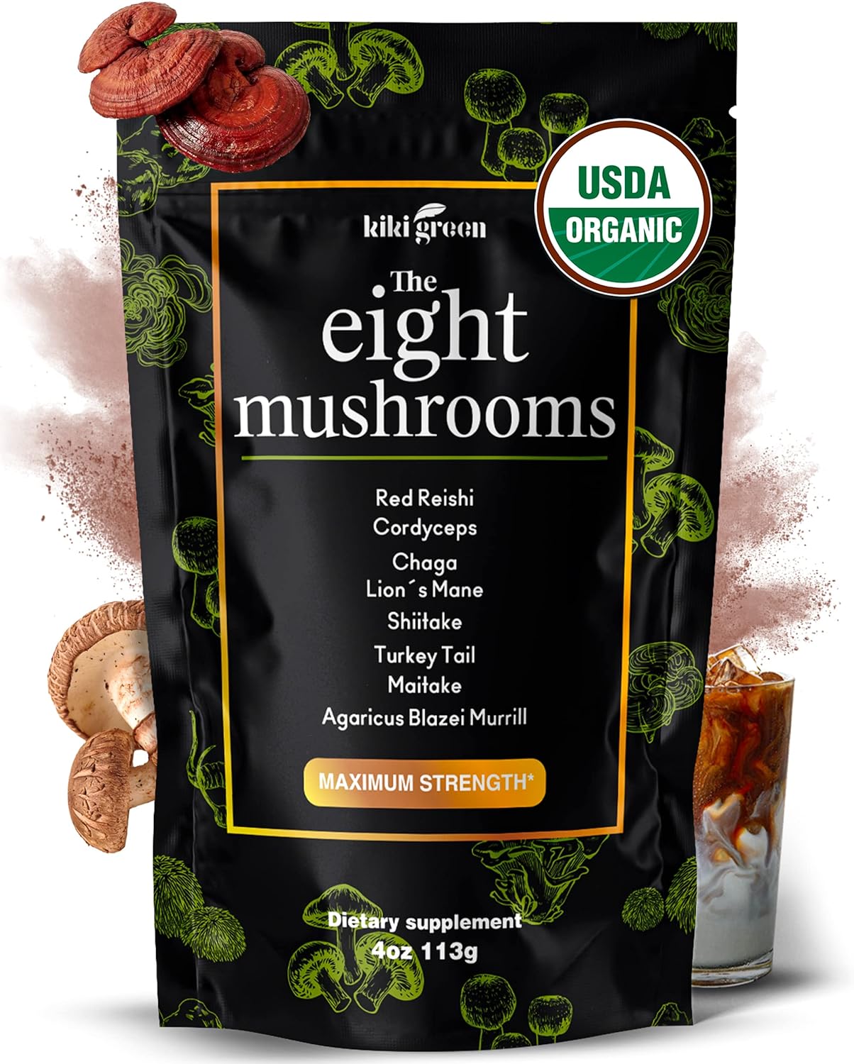 KIKI Green 8 Mushrooms Powder Extract - 4 oz Adaptogenic Mushroom Complex for Coffee & Smoothies - Lion's Mane, Turkey Tail, Chaga, Reishi, Cordyceps, Maitake, Shiitake - Focus & Energy